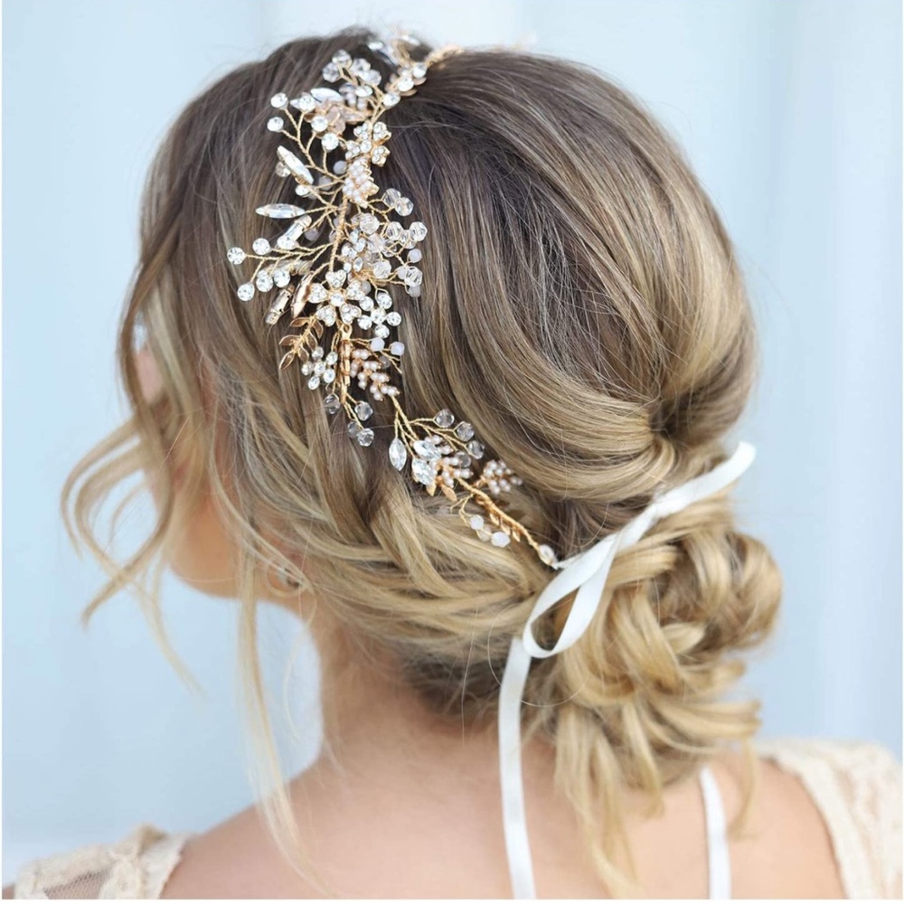 SWEETV Gold Rhinestone Wedding Headband Handmade Hair Band Bridal Headpiece